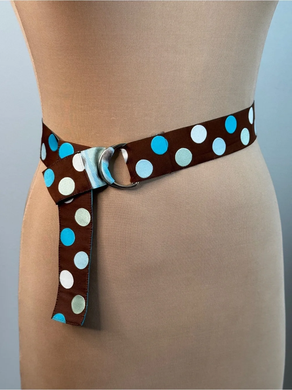 Brown Blue Polka Dot Fabric Belt Ribbon Double Ring Buckle
